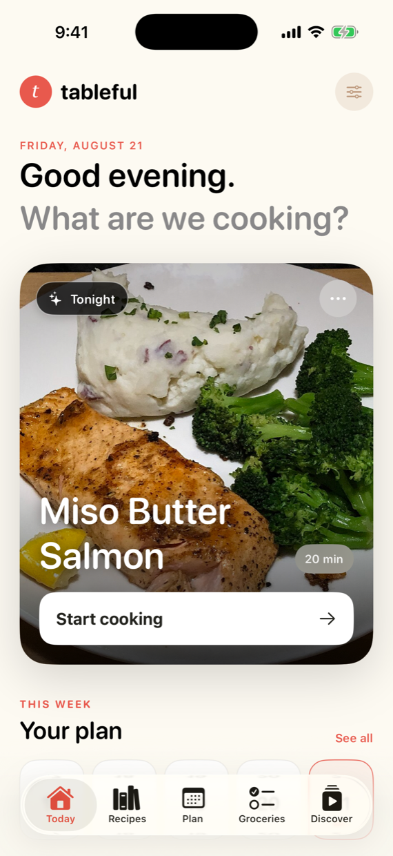 Tableful Today screen with tonight's meal